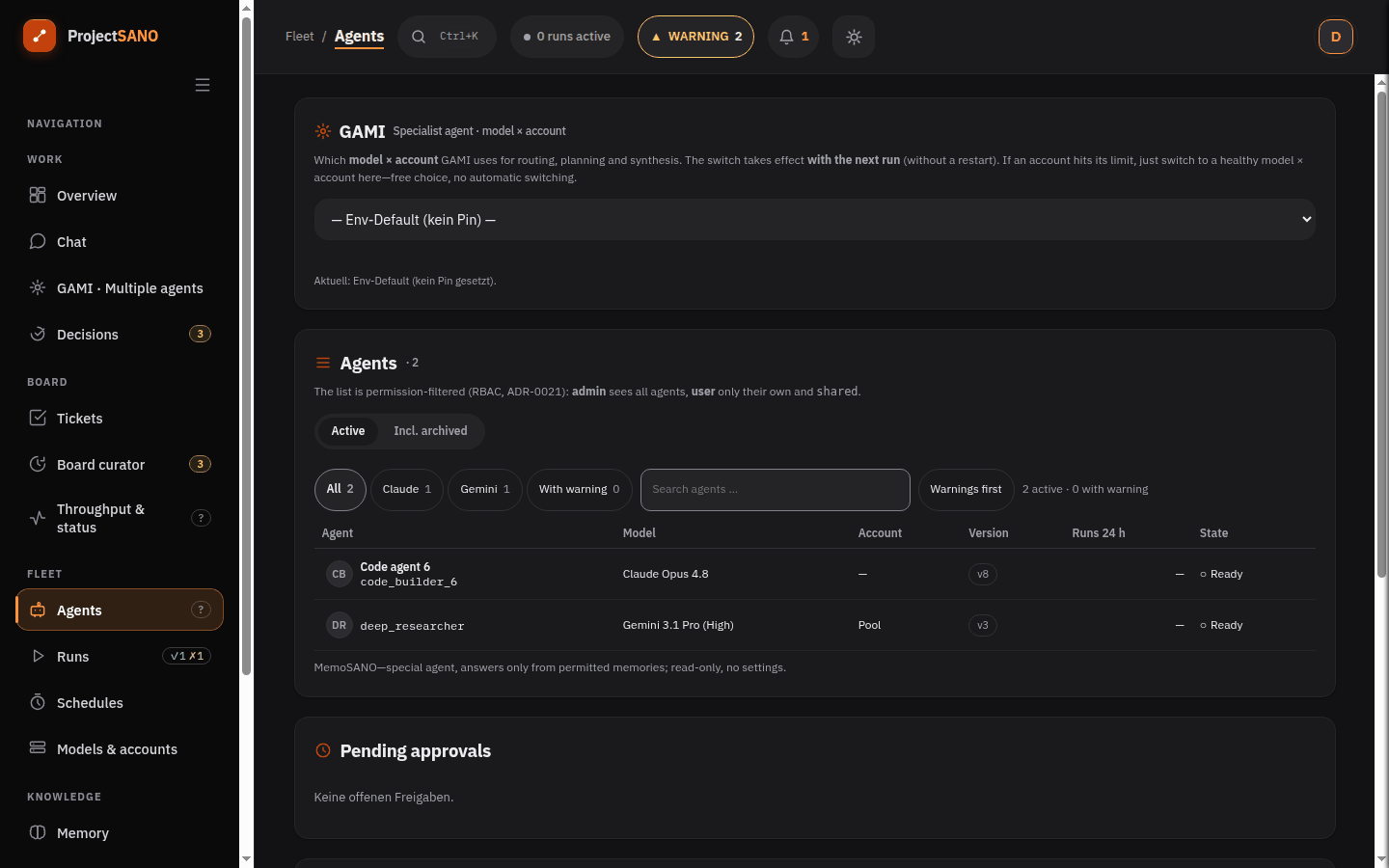 Screenshot: Agenten-Screen mit der Modellwahl für GAMI und der Agentenliste mit Modell, Version und Zustand