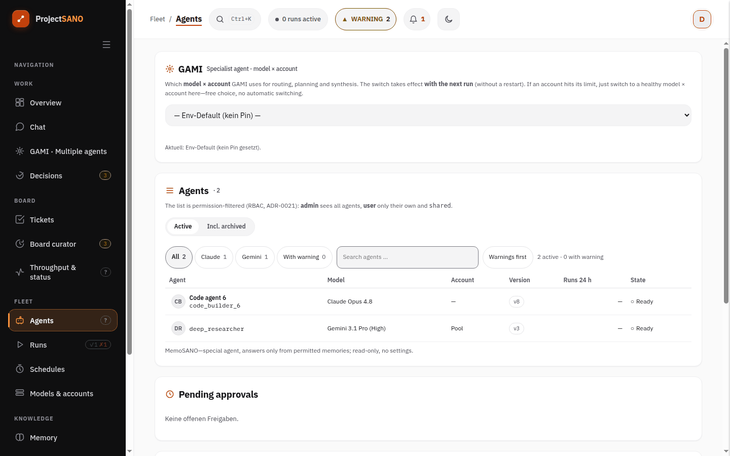 Screenshot: Agenten-Screen mit der Modellwahl für GAMI und der Agentenliste mit Modell, Version und Zustand