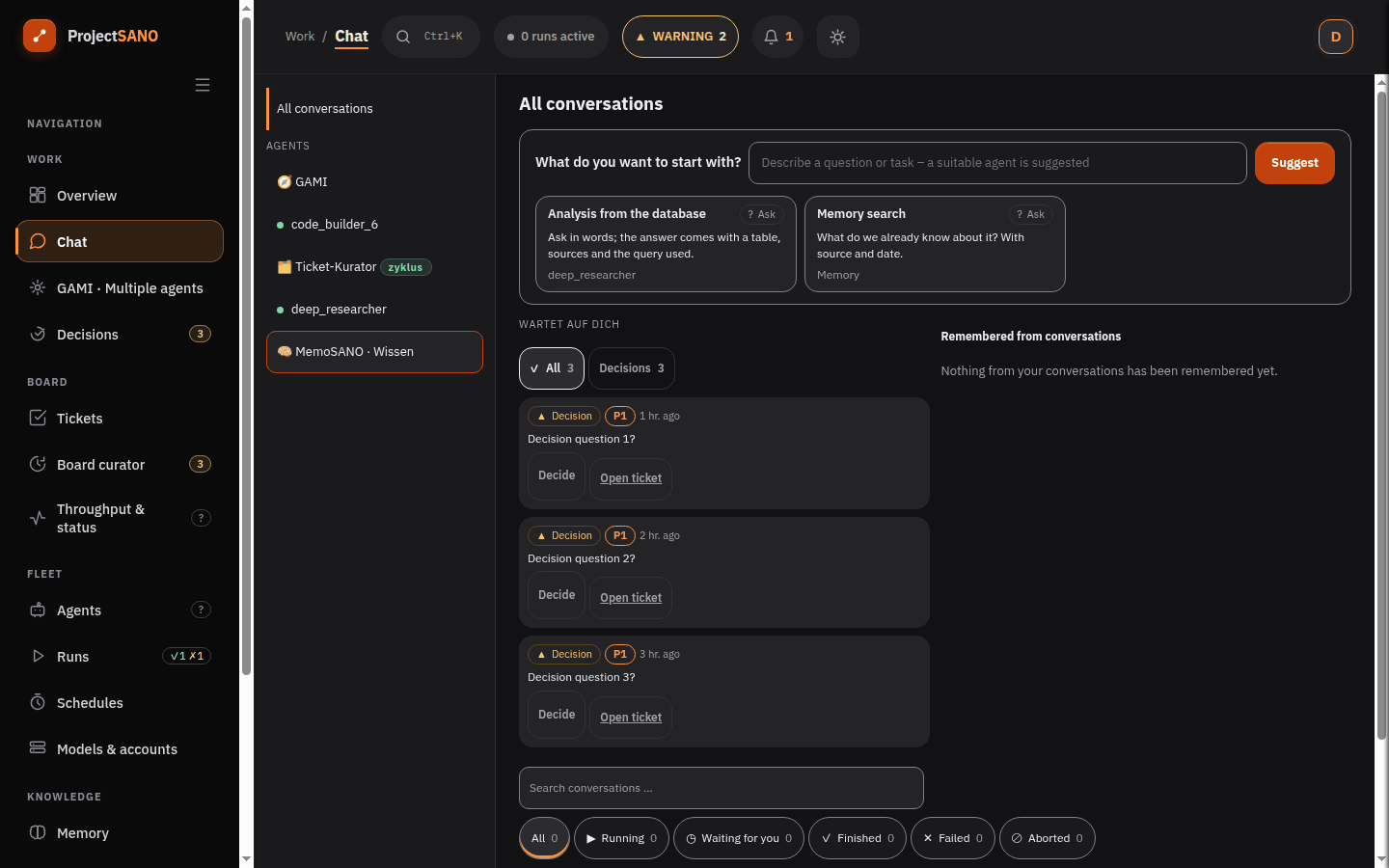 Screenshot: Chat mit der Start-Eingabe samt Agentenvorschlag, Start-Vorlagen und der Agentenliste mit GAMI