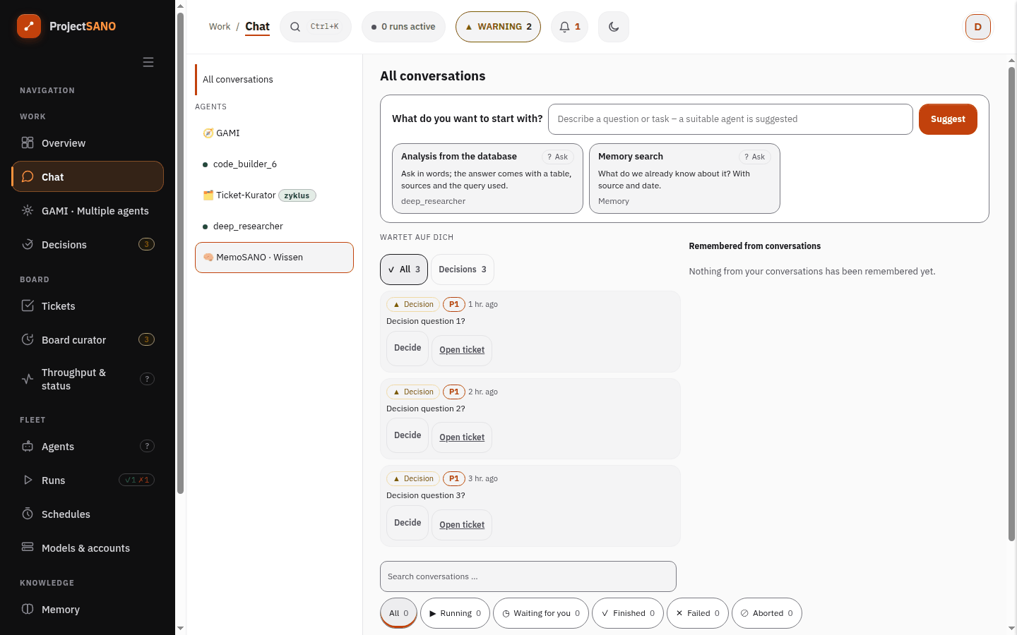 Screenshot: Chat mit der Start-Eingabe samt Agentenvorschlag, Start-Vorlagen und der Agentenliste mit GAMI