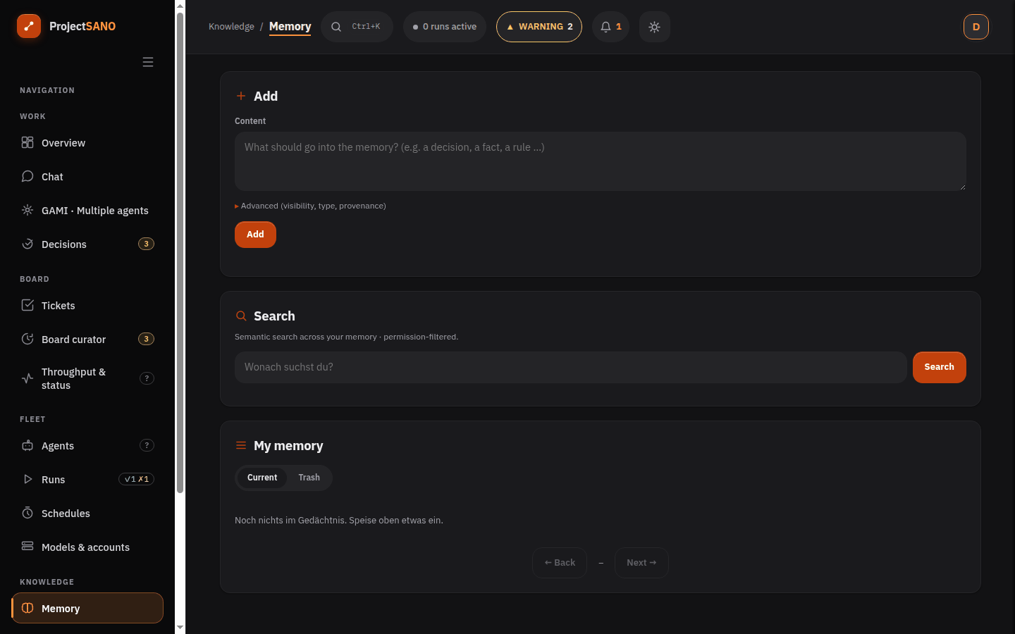 Screenshot: Gedächtnis-Screen zum Einspeisen, Durchsuchen und Verwalten von Wissen