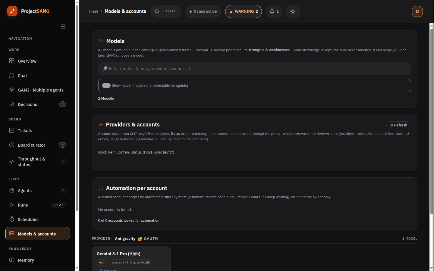 Screenshot: Modelle und Konten mit Modellkatalog, Anbieterkonten und Automatik je Konto