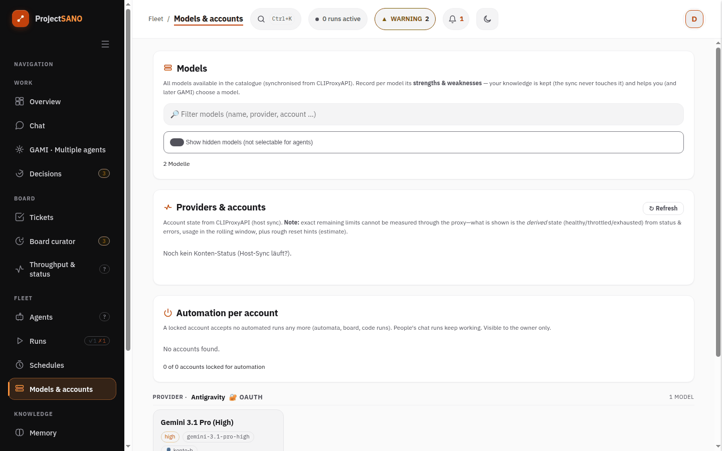 Screenshot: Modelle und Konten mit Modellkatalog, Anbieterkonten und Automatik je Konto
