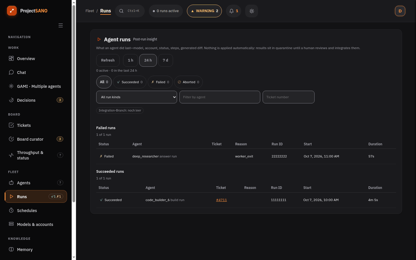 Screenshot: Agenten-Läufe mit gescheiterten und erfolgreichen Läufen, Status, Ticket und Dauer